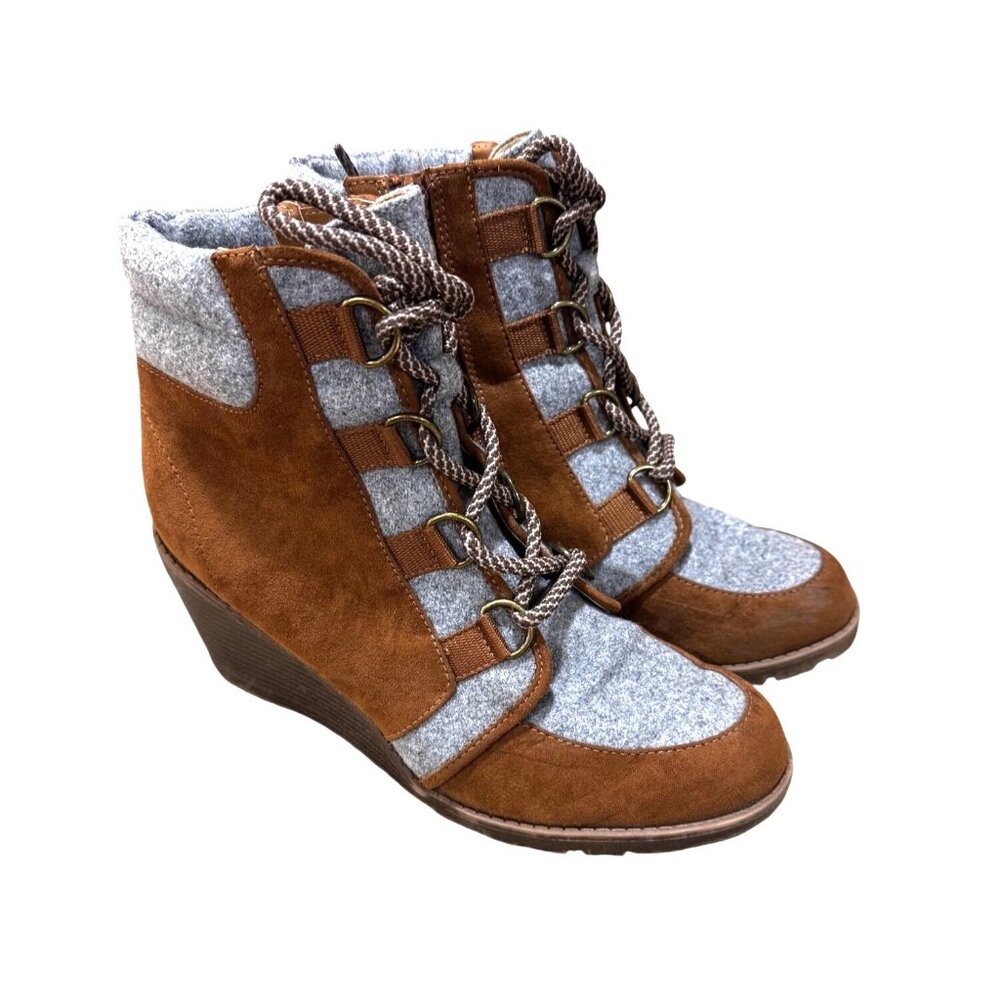 Fall Creek Womens 6.5 Wenda Wedge Lace-Up Brown Gray Suede Winter Ankle Boots